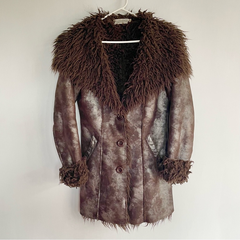 Monoreno Y2K Brown Penny Lane Coat Faux Fur Collar Long Jacket Boho Womens S